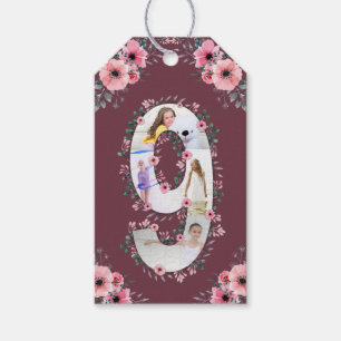 Big 9th Birthday Girl Photo Collage Pink Flower Gift Tags