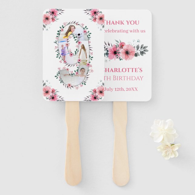 Big 9th Birthday Girl Photo Collage Pink Flower Hand Fan (Front and Back)