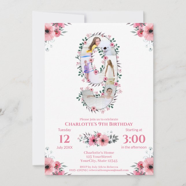 Big 9th Birthday Girl Photo Collage Pink Flower Invitation (Front)