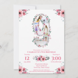 Big 9th Birthday Girl Photo Collage Pink Flower Invitation