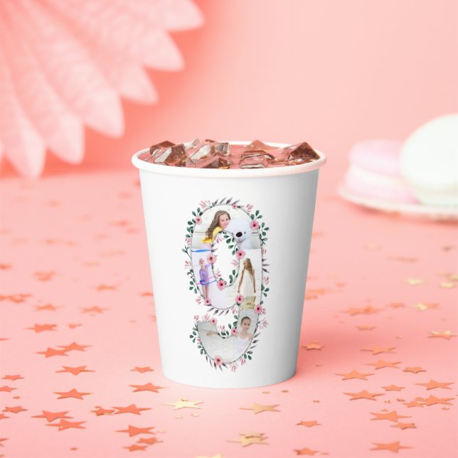 Big 9th Birthday Girl Photo Collage Pink Flower Paper Cups (Insitu)