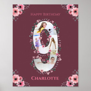 Big 9th Birthday Girl Photo Collage Pink Flower Poster