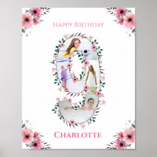 Big 9th Birthday Girl Photo Collage Pink Flower Poster