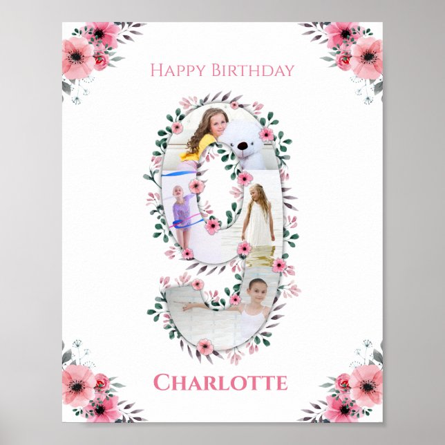 Big 9th Birthday Girl Photo Collage Pink Flower Poster (Front)