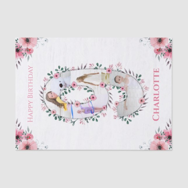 Big 9th Birthday Girl Photo Collage Pink Flower Tissue Paper (Front)