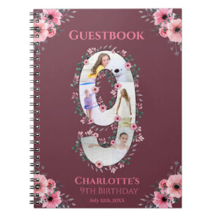 Big 9th Birthday Girl Photo Pink Flower Guest Book