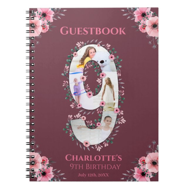 Big 9th Birthday Girl Photo Pink Flower Guest Book (Front)