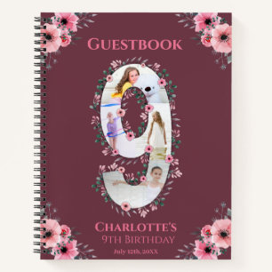 Big 9th Birthday Girl Photo Pink Flower Guest Book