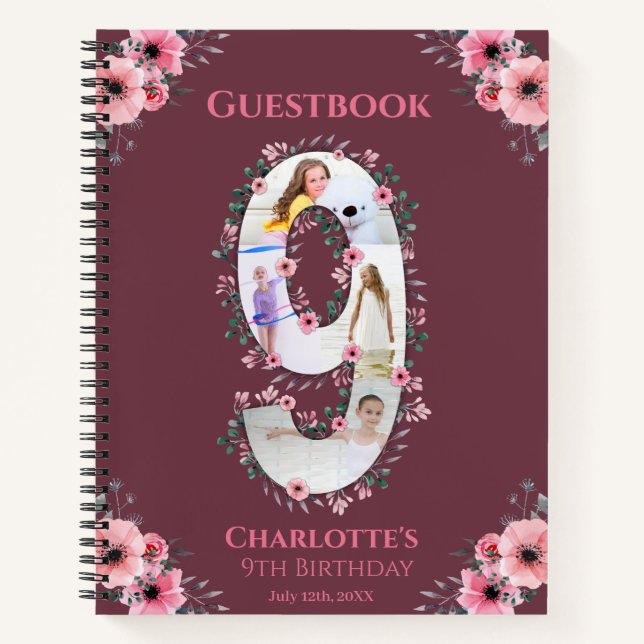 Big 9th Birthday Girl Photo Pink Flower Guest Book (Front)
