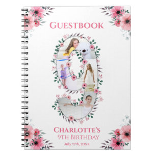 Big 9th Birthday Girl Photo Pink Flower Guest Book