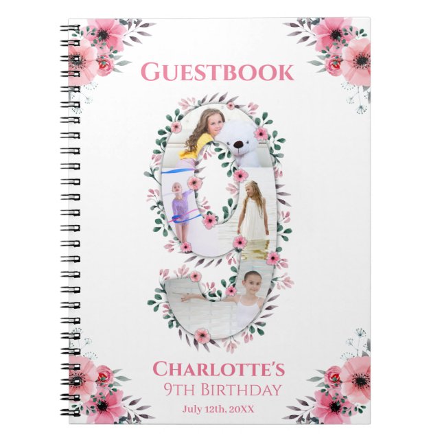 Big 9th Birthday Girl Photo Pink Flower Guest Book (Front)