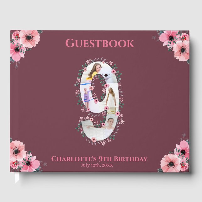 Big 9th Birthday Photo Collage Flower Girl Pink Guest Book (Front)