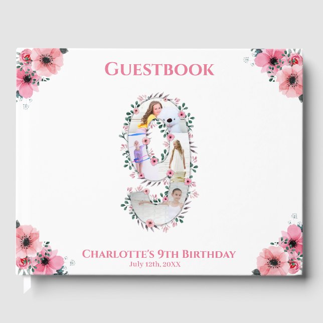 Big 9th Birthday Photo Collage Flower Girl White Guest Book (Front)