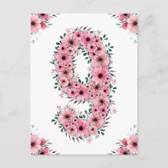 Big 9th Birthday Pink Flowers Girl Green Foliage Postcard (Front)