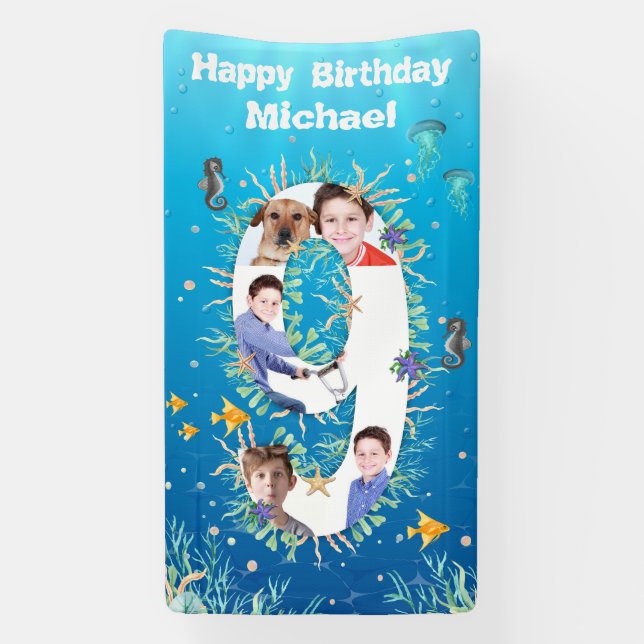 Big 9th Birthday Under The Sea Photo Collage Banner (Vertical)