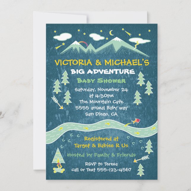 Big adventure rustic mountain folk art baby shower invitation (Front)