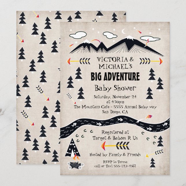 Big adventure rustic mountain tribal baby shower invitation (Front/Back)