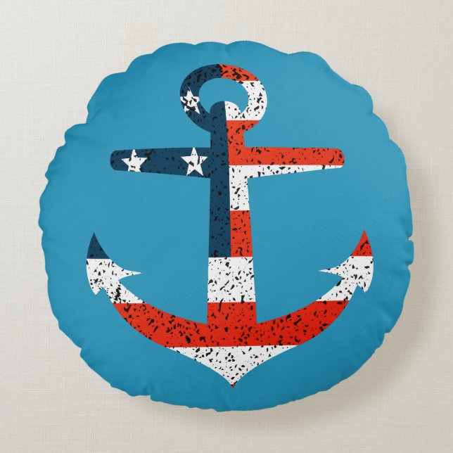 Big American Flag Anchor  Round Cushion (Front)