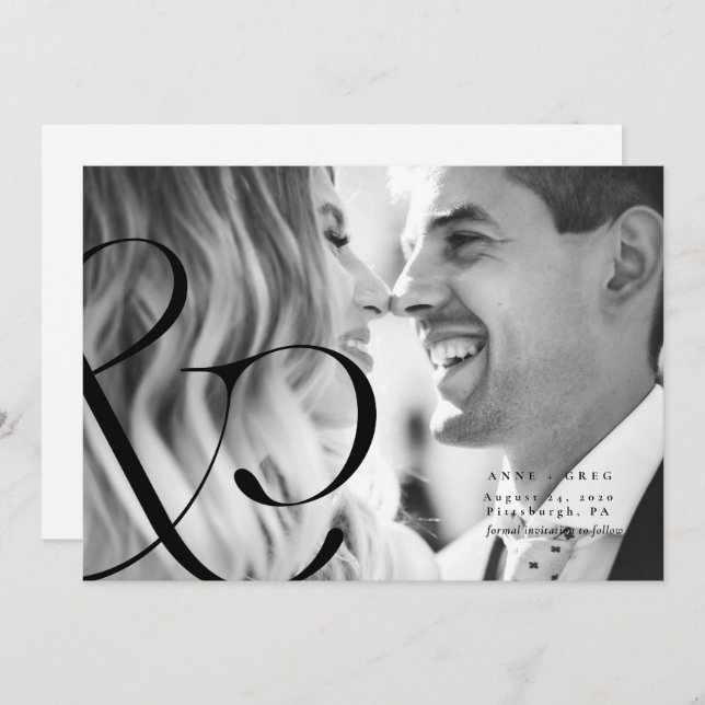 Big Ampersand Black Whit Save the Date Photo Card (Front/Back)