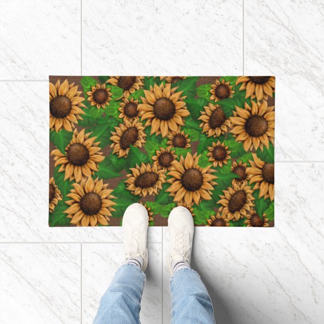 Big and Beautiful Sunflowers Pattern Burlap Brown Doormat (Indoor)