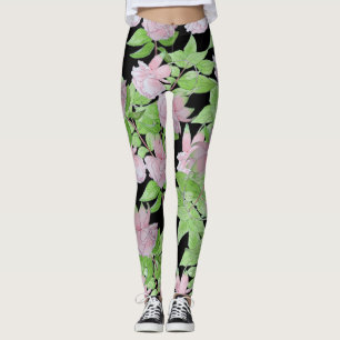 big and bold pretty pink flowers and leafs floral leggings