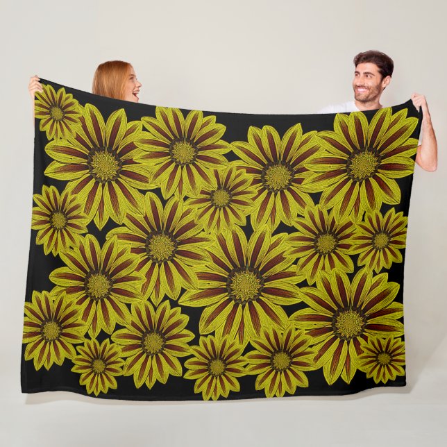 big and bold yellow flowers with red stripes daisy fleece blanket (In Situ)