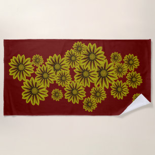 big and bold yellow flowers with red stripey daisy beach towel