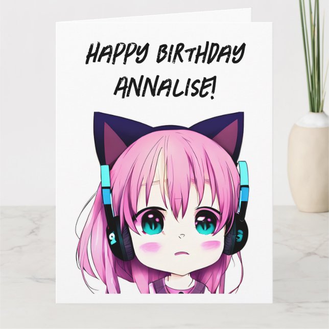 Big Anime Girl with Headphones Cat Ears Birthday Card (Front)