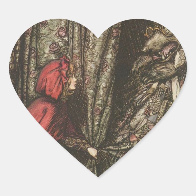 Big Bad Wolf in Grandma's Bed Heart Sticker (Front)