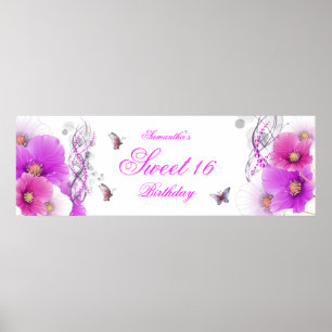 big Banner Birthday Pretty Pink Floral White Poster