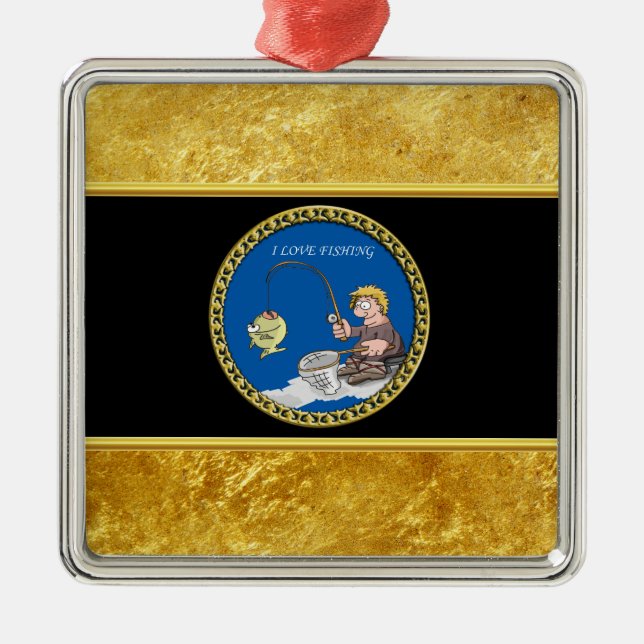 Big bass fisherman fishing on the ice metal tree decoration (Front)