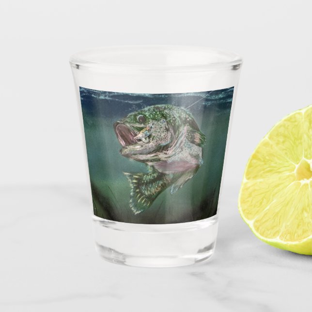 Big Bass Fishing Lured In Shot Glass (Front)