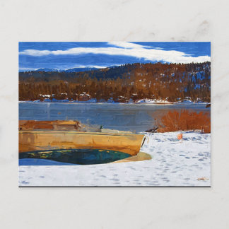 Big Bear Lake, snow and boat Postcard