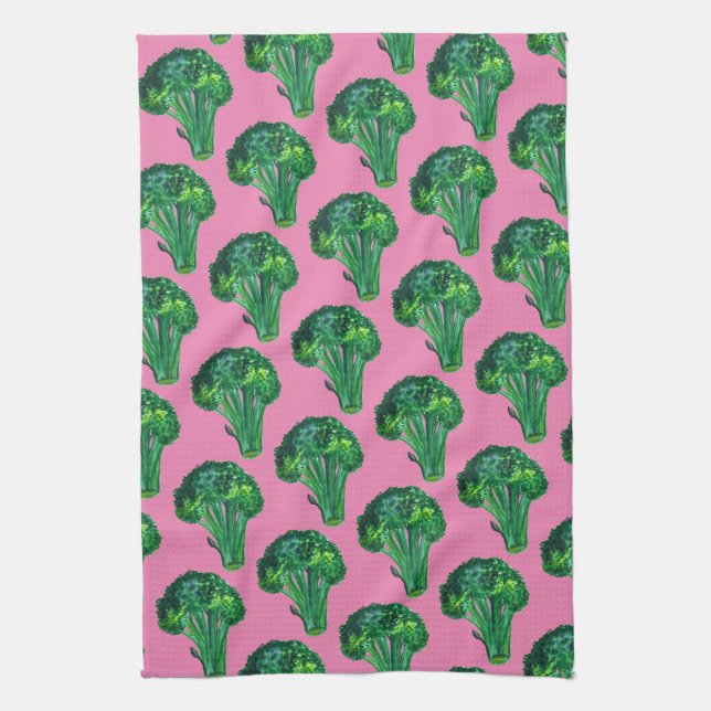 Big beautiful broccoli eat your veggies pink tea towel (Vertical)
