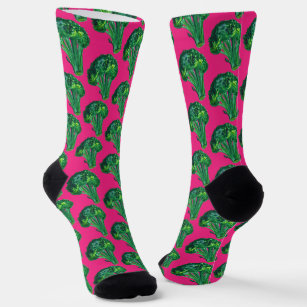 Big Beautiful Broccoli Fun Watercolor Bright Pink Socks