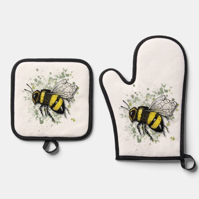 Big Beautiful Bumble BEE, Digital Drawing Oven Mitt & Pot Holder Set (Front)