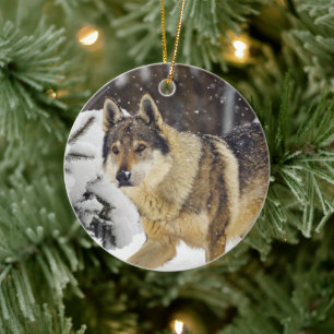 Big Beautiful Grey Wild Wolf in snow Ceramic Tree Decoration