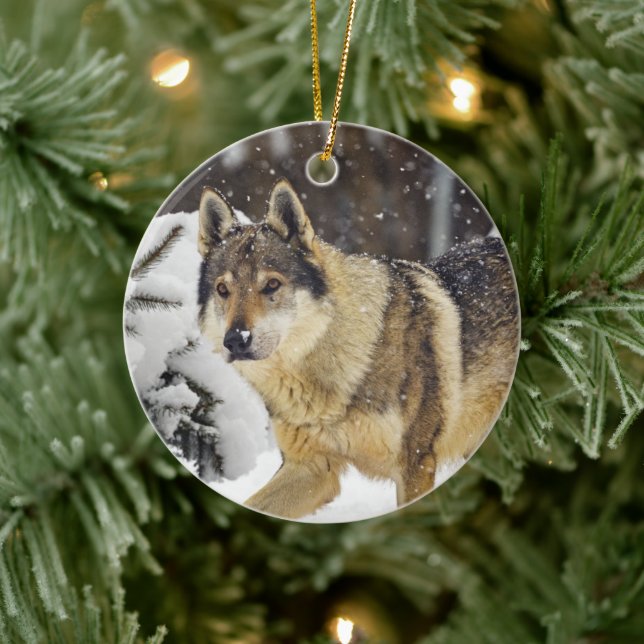 Big Beautiful Grey Wild Wolf in snow Ceramic Tree Decoration (Tree)