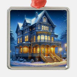 Big Beautiful Victorian House at Christmas Metal Tree Decoration