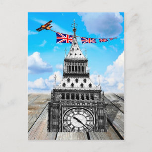 Big Ben, Airoplane, Union Jacks, Surreal London Postcard