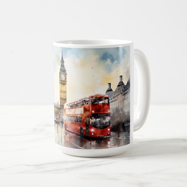 Big Ben and red bus in London Coffee Mug (Front Right)