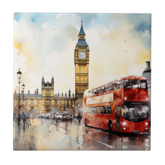 Big Ben and red bus in London Tile
