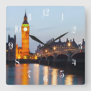 Big Ben and Westminster Bridge in the evening Square Wall Clock
