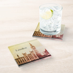 Big Ben Clock & London, Westminster / vintage UK Glass Coaster