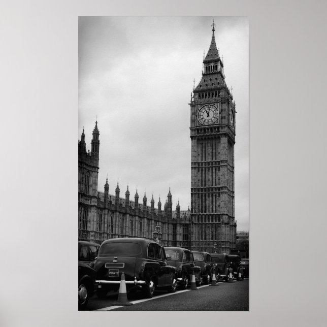 Big Ben en taxi cabs in black and white poster (Front)