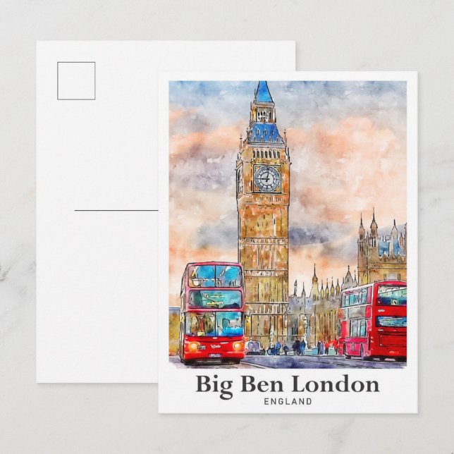 Big Ben London Watercolor Sketch Hand Drawn  Postcard (Front/Back)