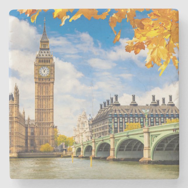 Big Ben With Autumn Leaves, London Stone Coaster (Front)
