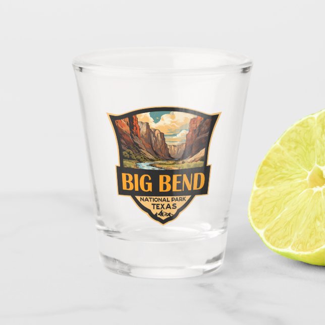 Big Bend National Park Illustration Retro Badge Shot Glass (Front)