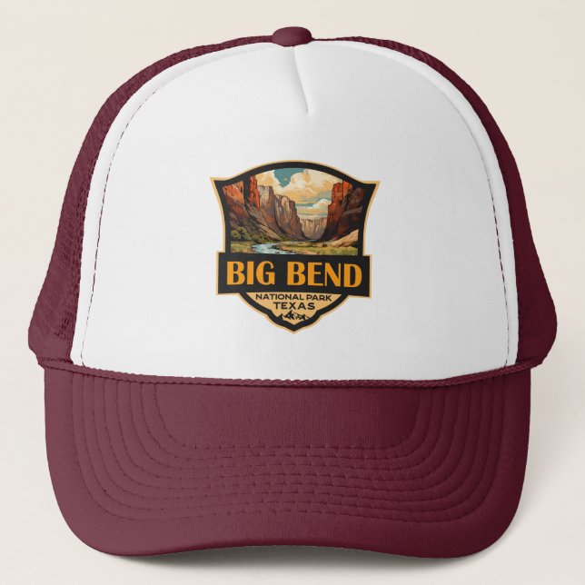 Big Bend National Park Illustration Retro Badge Trucker Hat (Front)