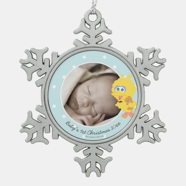 Big Bird | Baby's First Christmas - Add Your Name Snowflake Pewter Christmas Ornament (Front)